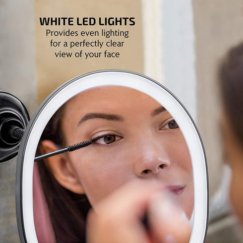 OVENTE 9'' Rechargeable Lighted Wall Mount Makeup Mirror, 1X Magnifying with 10X Mini Magnetic, Dimmable (Black)