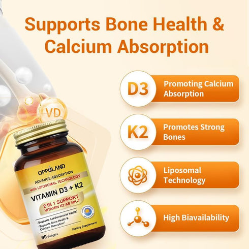 Vitamin D3 + K2 with LIPOSOMAL Technology, 5000iu of Vitamin D3 & 100mcg of Vitamin K2, 90 Softgels