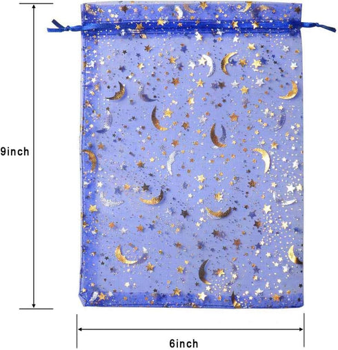 SUNGULF 100Pcs Blue Sheer Organza Drawstring Pouches with Stars and Moon for Wedding Party Favor Bags