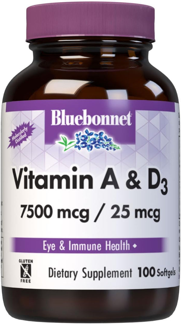 Bluebonnet Nutrition Vitamin A & D3 25,000 IU/1,000 IU from Cold Water Fish Oil, 100 Softgel/Servings, Immune Function