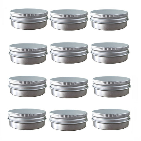 Screw Top Aluminum Tin Jars - Cosmetic Sample Metal Containers, Round Pot for Candle, Lip Balm, 12 Pack (1 OZ)
