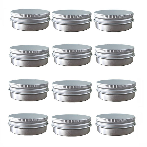 Screw Top Aluminum Tin Jars - Cosmetic Sample Metal Containers, Round Pot for Candle, Lip Balm, 12 Pack (1 OZ)