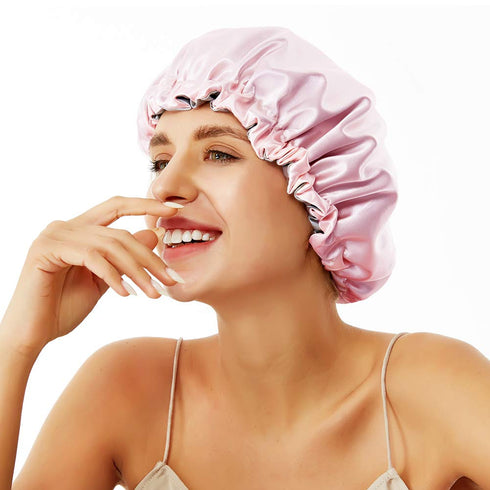 Night Sleep Satin Cap for Women Girls, Extra Large Satin Bonnet Cover, Double Side Satin Cap, Pink/Silvery Grey