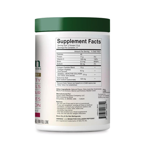 Great Lakes Wellness Beauty Boost Advanced Collagen Peptides - Raspberry Lemonade, Hyaluronic Acid, Biotin, Vitamin C -