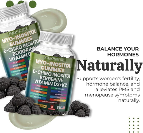 NutraPerfecto Gummies D3 K2 Sugar Free Myo-Inositol & D-Chiro Inositol for Women, Berberine Vitamin DIM Magnesium