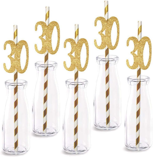 30th Birthday Paper Straw Decor, 24-Pack Real Gold Glitter Cut-Out Numbers for Happy 30 Years Party