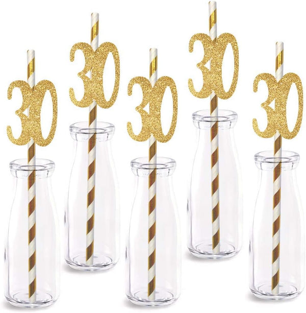 30th Birthday Paper Straw Decor, 24-Pack Real Gold Glitter Cut-Out Numbers for Happy 30 Years Party