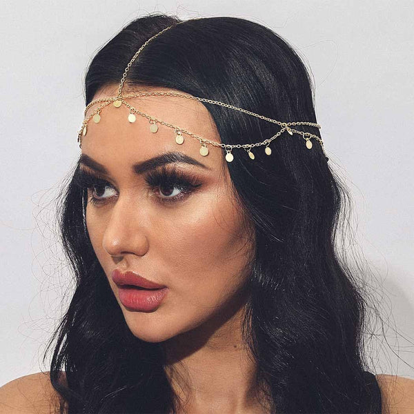Yean Gold Sequins Head Chain, Boho Festival Forehead Hair Jewelry for Women and Girls, Halloween Costume Headpiece