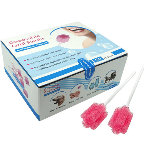 Disposable Oral Foam Swab, Mint Flavored, Individually Wrapped, Red, Box of 50 Counts