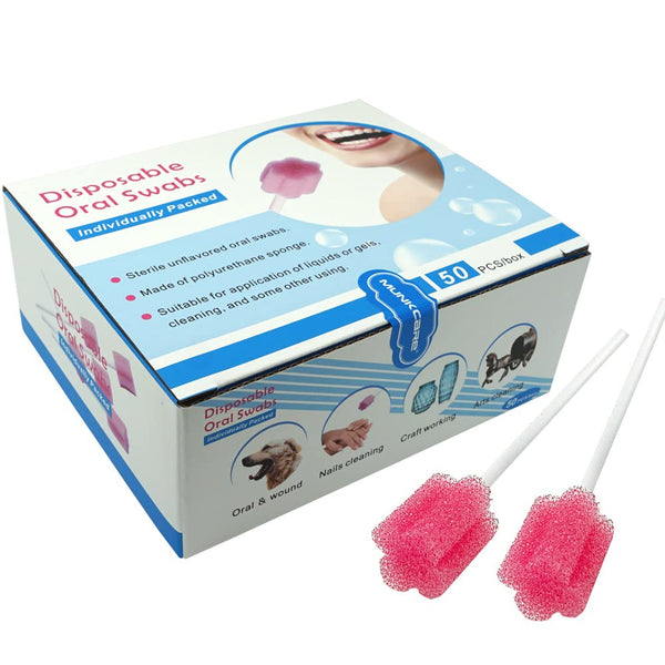 Disposable Oral Foam Swab, Mint Flavored, Individually Wrapped, Red, Box of 50 Counts