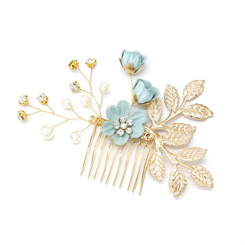 NUOBESTY 4Pcs Handmade Wedding Hair Clip Comb, Pearl Floral Leaf Hair Accessories for Women (Green)