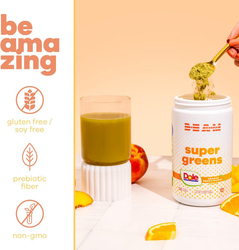 BEAM be Amazing Dole Super Greens Powder with Prebiotics, Digestive Enzyme, Antioxidant, 25 Servings, Orange Peach Mango