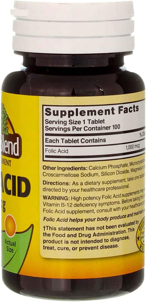 Nature’s Blend Folic Acid 1000mcg Tablets, 100 Count, 2 Pack