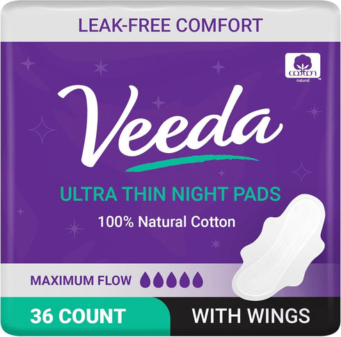 Veeda Natural Cotton Night Pads for Women - Overnight Heavy Flow Absorbent Ultra-Thin Feminine Pads, 36 Count