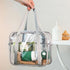 SxoSyo Clear Makeup Bags Large Travel Toiletry Bag for Women Transparent Cosmetic Bags with Handle Bathroom Organizer Bag PVC Tote Zipper Handbag Beach Bag (Silver grey)