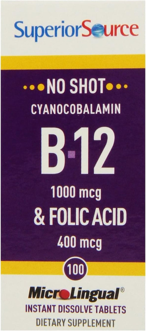Superior Source No Shot Vitamin B12 Cyanocobalamin (1000 mcg), Folic Acid (400 mcg), 100 Ct Quick Dissolve MicroLingual