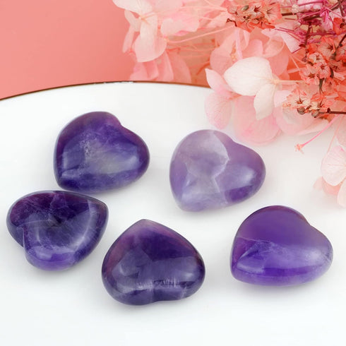 Marrywindix 10 Packs 1 Inch Healing Crystal Natural Amethyst Heart, Carved Palm Worry Stone for Chakra Reiki