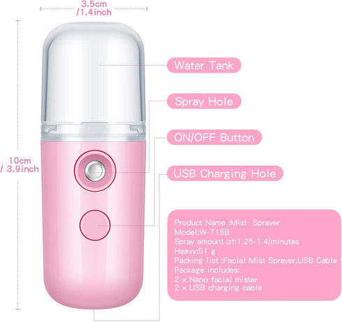 Honoson 2 Pieces Nano Facial Mister, 30 ml Mini Face Humidifier, USB Rechargeable Facial Sprayer for Daily Makeup (Pink)
