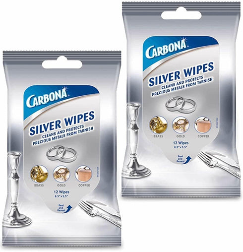 Carbona Silver Wipes - Metal Cleaner & Polish, 12 Wipes, 2 Pack