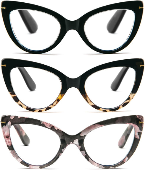 DXYXYO Oversized Cat Eye Reading Glasses, Women Blue Light Blocking with Magnification 1.5, 3 Pack