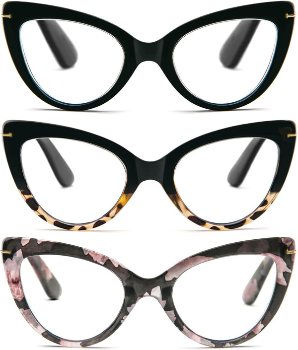 DXYXYO Oversized Cat Eye Reading Glasses, Women Blue Light Blocking with Magnification 1.5, 3 Pack