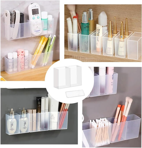 4PCS Medium Wall Mount Storage Box, 4 Compartment Transparent Plastic Makeup Brush Lipstick Holder, Self-Adhesive