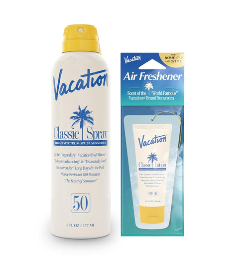 Vacation Classic Spray Sunscreen SPF 50 + Air Freshener Bundle, Vegan Sunblock Spray, 6 fl. Oz.