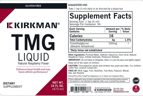 Kirkman TMG (Trimethylglycine) Liquid - 16 Fl oz, Natural Raspberry Flavor, Supports Serotonin Levels