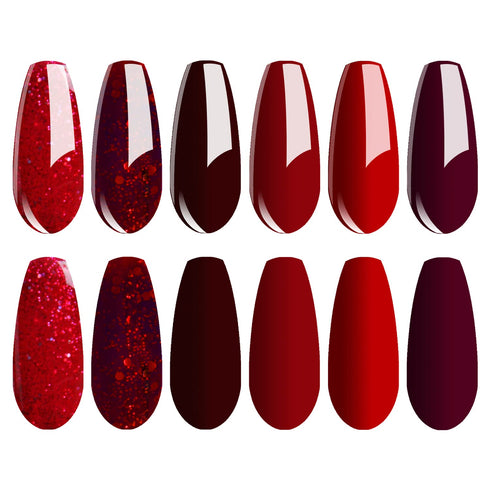 Vishine Burgundy Red and Red Glitter Gel Polish Set - 6 Colors Long Lasting Soak Off UV LED Gel 8ml