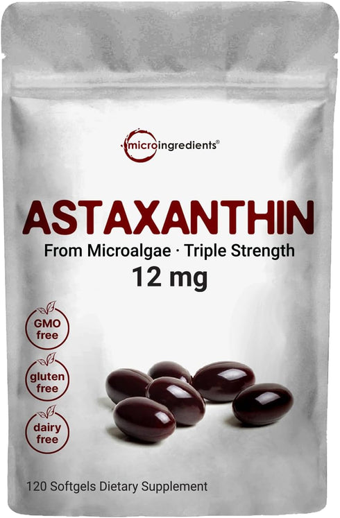 Premium Astaxanthin 12mg Antioxidant Supplement - 120 Softgels, Fresh Microalgae Source, Supports Eye & Joint Health