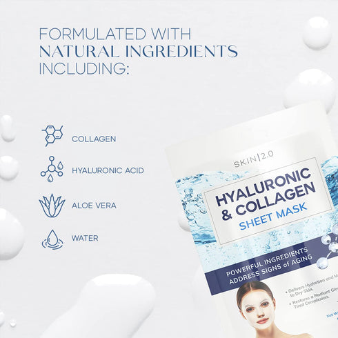 Hyaluronic Acid and Collagen Sheet Face Mask for Moisture & Skin Firming, Cruelty Free Korean Skin Care, 5 Masks