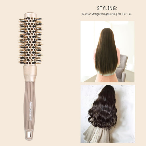 Round Brush with Boar Bristles - 1 inch Barrel, Nano Thermal Ceramic Ionic Tech for Straightening, Gold