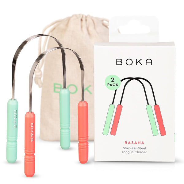 Boka Tongue Scraper for Adults & Kids with Case, Stainless Steel Cleaner with Travel Pouch (Pack of 2)