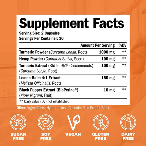 Turmeric and Hemp Capsules - Vegan Joint Support Supplement with Curcumin, Black Pepper & Lemon Balm