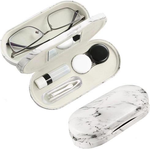 Contact Lens Case Kit, 2 in 1 Double Sided Portable Contact Lense and Eyeglasses Case with Marbling, Durable Storage