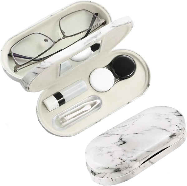 Contact Lens Case Kit, 2 in 1 Double Sided Portable Contact Lense and Eyeglasses Case with Marbling, Durable Storage