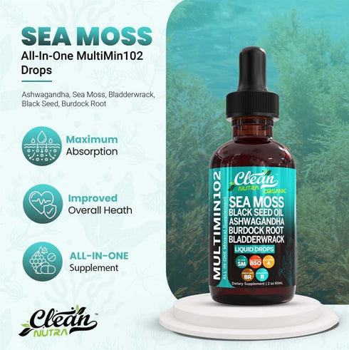 Clean Nutraceuticals Sea Moss Liquid Drops with Black Seed Oil, Ashwagandha, Burdock Root & Bladderwrack - Organic