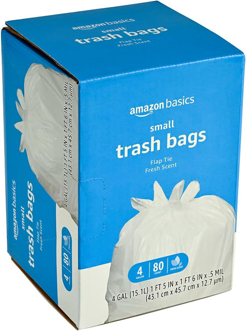 Amazon Basics 4 Gallon Trash Bags, Flap Ties, Fresh Scent, 80 Count, Pack of 1