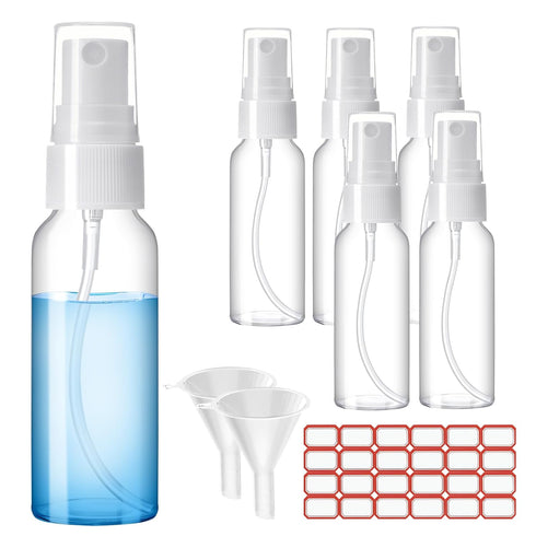 Spray Bottles, 2oz Clear Empty Fine Mist Plastic Mini Travel Bottle Set with Funnels & Labels (6 Pack)