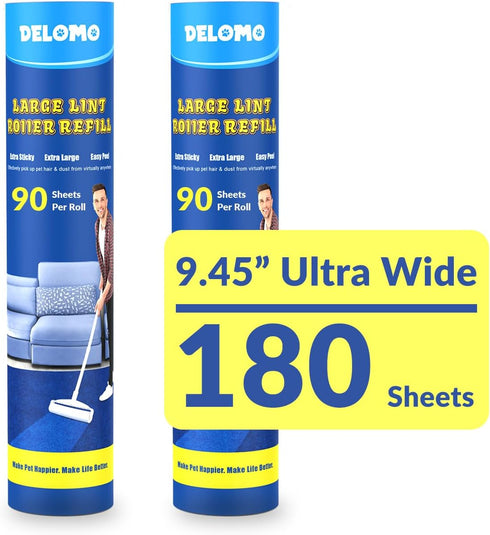 Lint Roller Refills - DELOMO Large Lint Roller Refill, 2 Packs of 180 Sheets for Cleaning Carpets, Cars, and Clothing