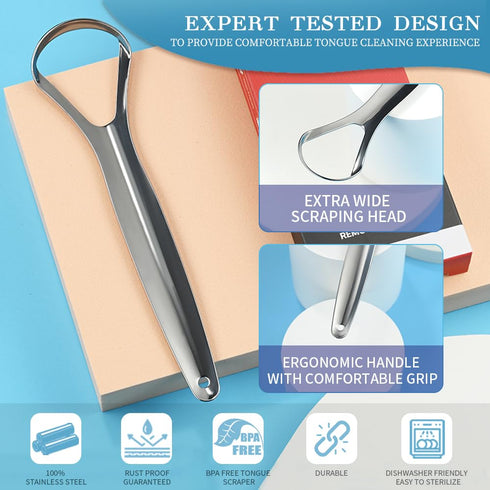 6 Pack Tongue Scraper for Adults, 100% Stainless Steel, Easy to Use Tongue Cleaner for Oral Hygiene