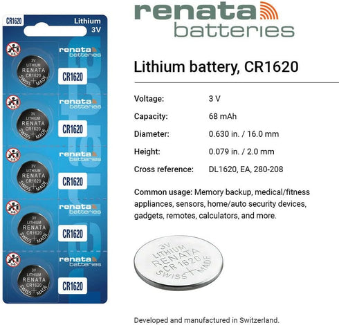 Renata CR1620 Batteries - 3V Lithium Coin Cell 1620 Battery (2 Count)