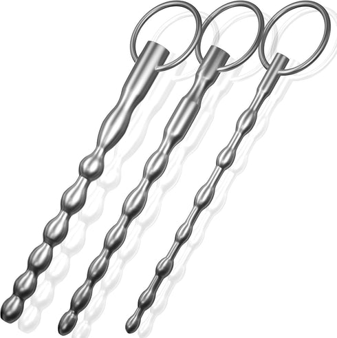 Jongait Set 3 Urethral Sounds - PCS Stainless Steel Bumpy Penis Plug Dilator with Safe Ring - Masturbation Rod Sex Toy