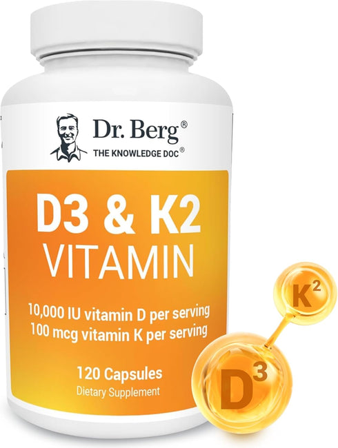 Dr. Berg Vitamin D3 K2 w/MCT Powder - 10,000 IU Vitamin D3, 100 mcg MK7 Vitamin K2 for Ultimate Absorption, 120 Capsules