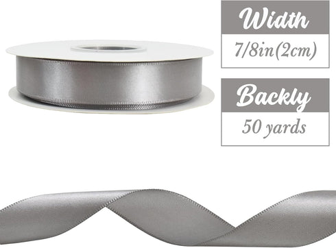 B0CSSY52NY TONIFUL Silver Satin Ribbon 7/8 Inch (2cm) x 50yd Thin Solid Fabric Ribbon for Flower Bouquet, Gift Wrapping, Bows Craft Making, Wreath Decor by TONIFUL