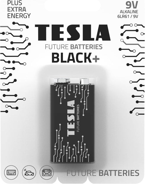 Tesla 9V Black+ Maximum Power Alkaline Batteries, 10+ Year Shelf Life, Leak-Free (6LR61 / 1 Count)