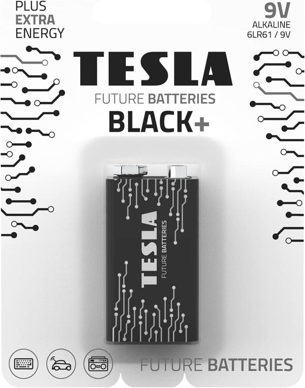 Tesla 9V Black+ Maximum Power Alkaline Batteries, 10+ Year Shelf Life, Leak-Free (6LR61 / 1 Count)
