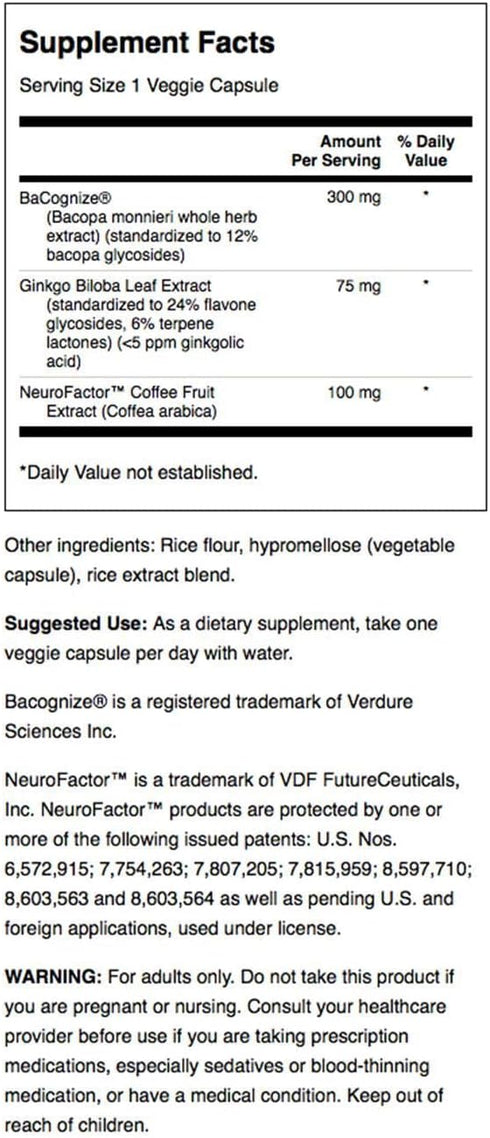 Swanson Pure Brainpower Cognitive Memory Focus Support Supplement, 60 Veggie Capsules with Ginkgo Biloba, Bacopa