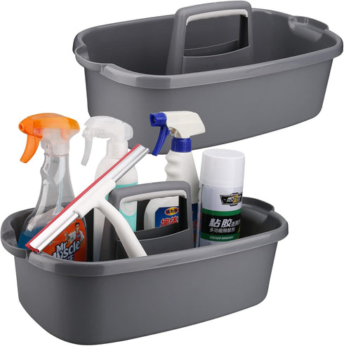 Gray Plastic Cleaning Caddy Organizer with Handle, 2 Pack for Cleaning Supplies and Tool Storage Tote