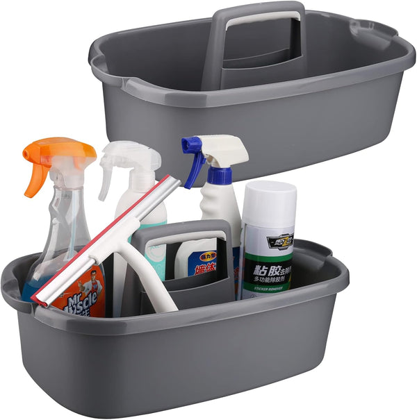 Gray Plastic Cleaning Caddy Organizer with Handle, 2 Pack for Cleaning Supplies and Tool Storage Tote